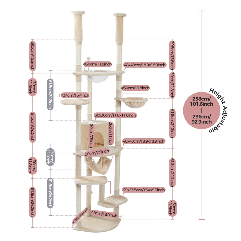 Adjustable Floor-to-Ceiling Cat Tree with Scratching Posts and Condo