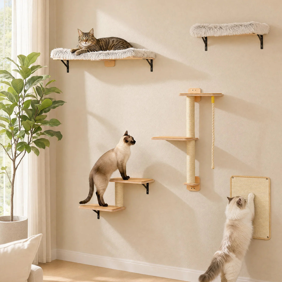 Modular Wall-Mounted Cat Climbing Set with Perches and Scratching Posts