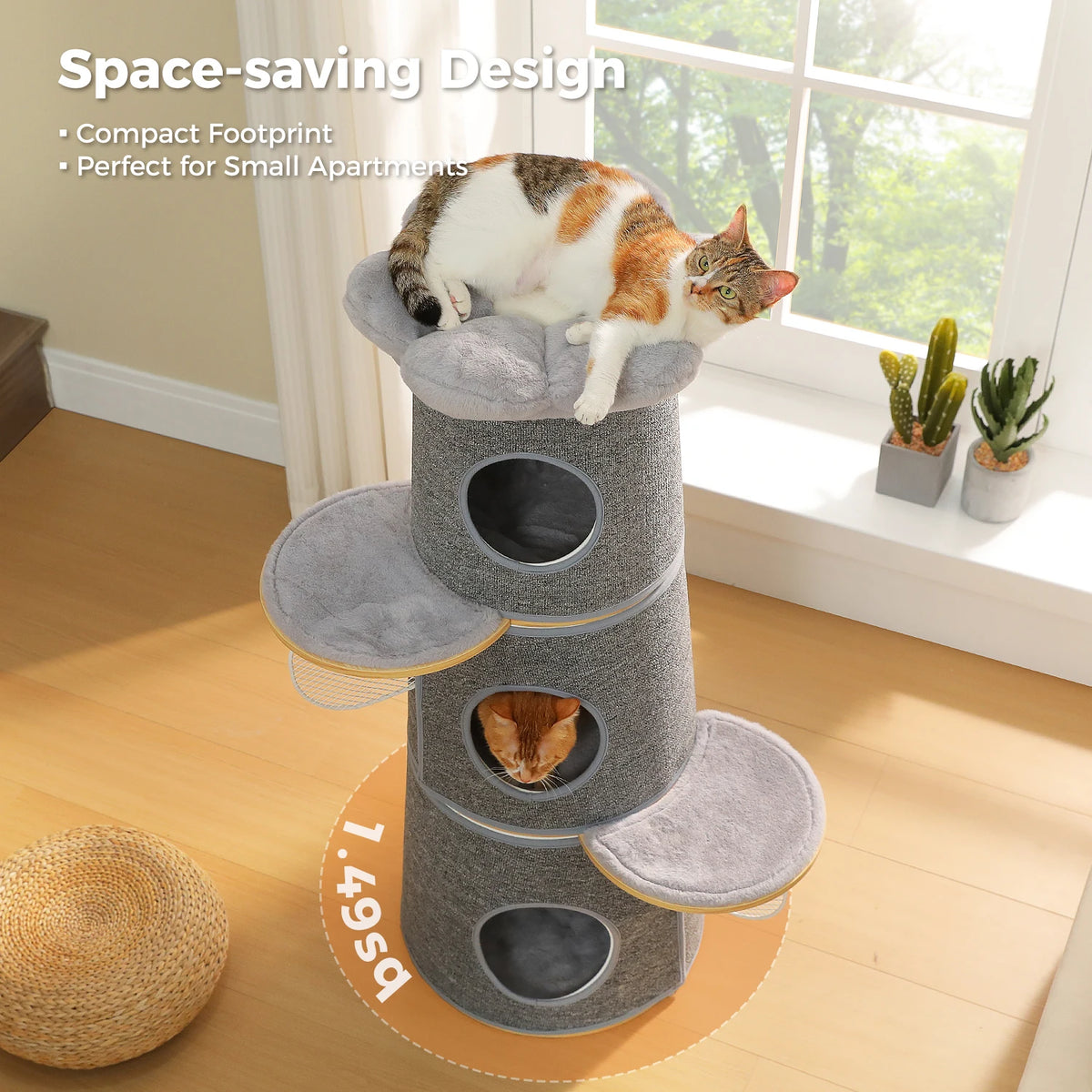 Multi-Level Indoor Cat Tower with Three Condos and Flower Perch