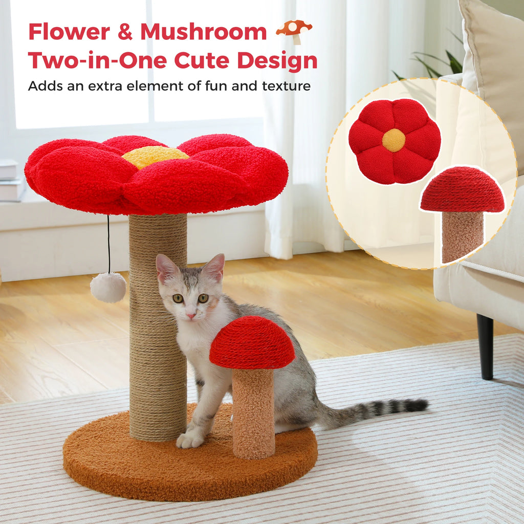 Small Cat Scratcher with Flower Perch and Hanging Pom-Pom Toy