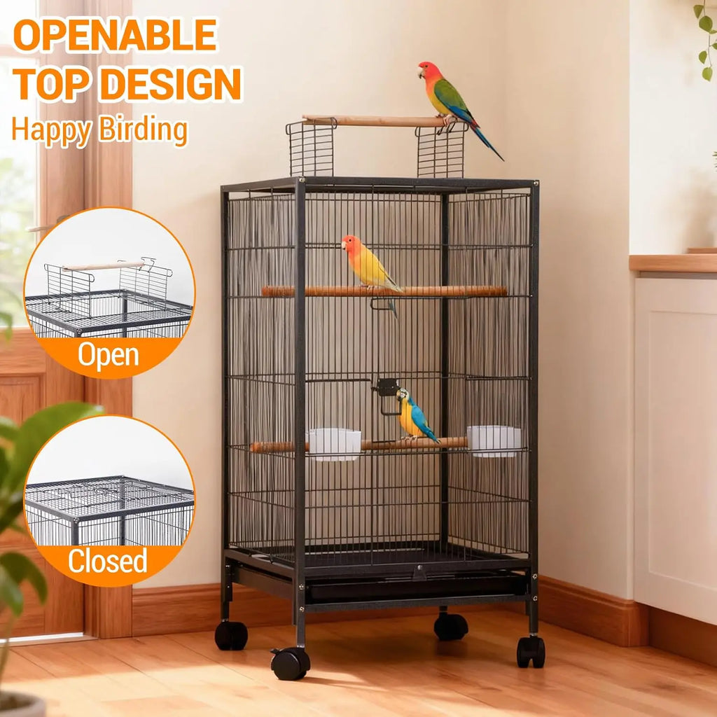 Bird Cage with Open Playtop, Perches, and Locking Wheels
