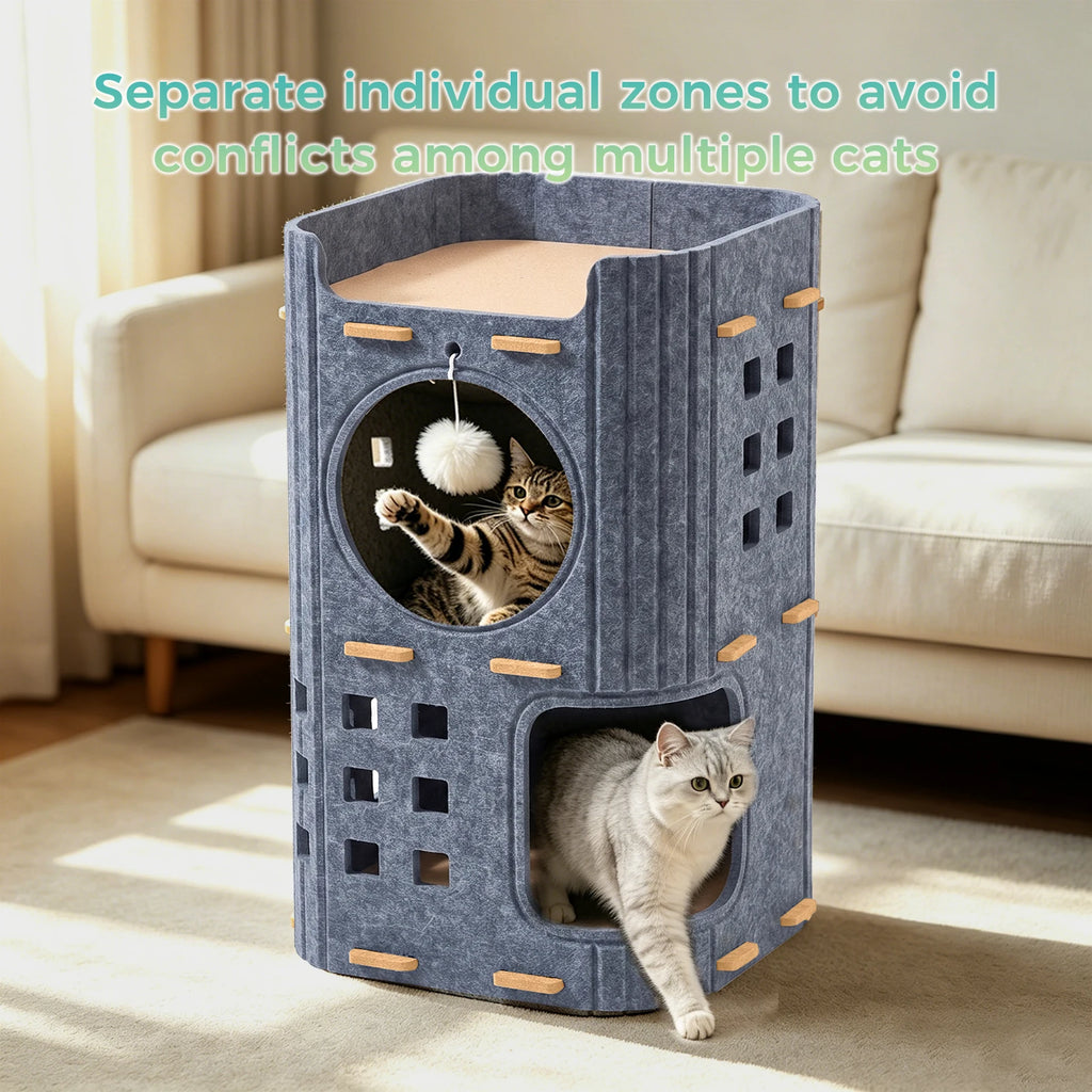 Two-Tier Detachable Cat Condo with Double Cave and Hanging Toy