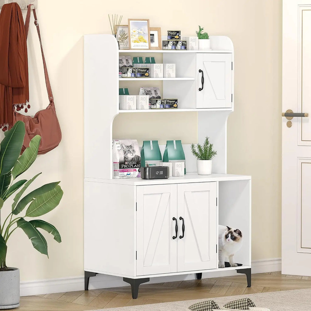 Hidden Cat Litter Box Enclosure with Storage and Dog-Resistant Design