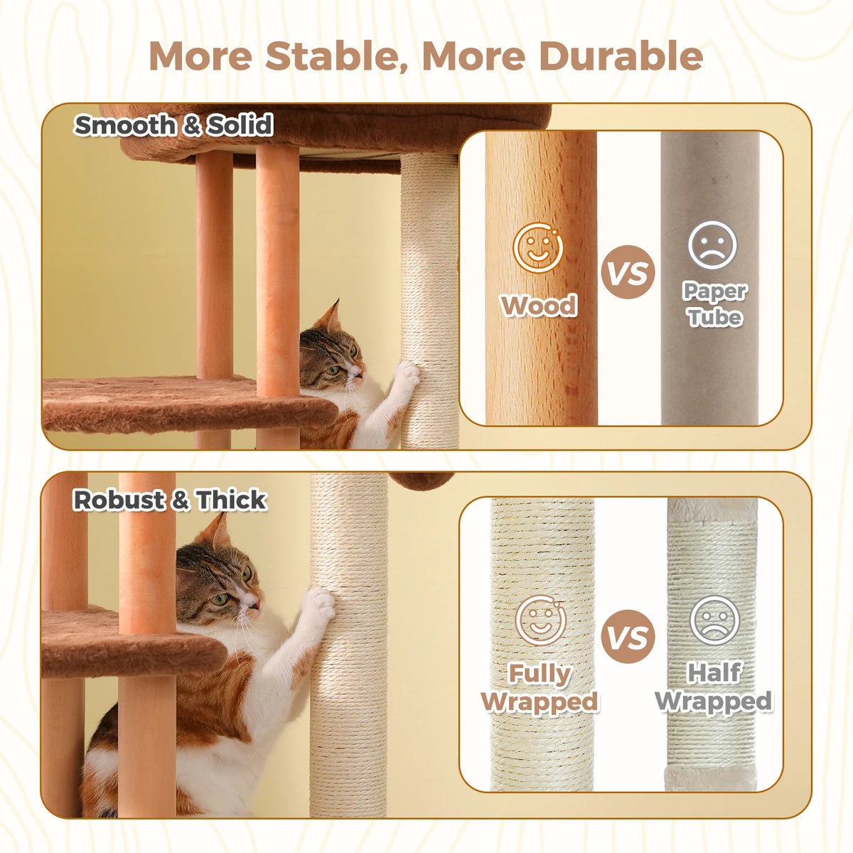 Multi-Level Wooden Cat Tower with Large Condo and Sisal Posts
