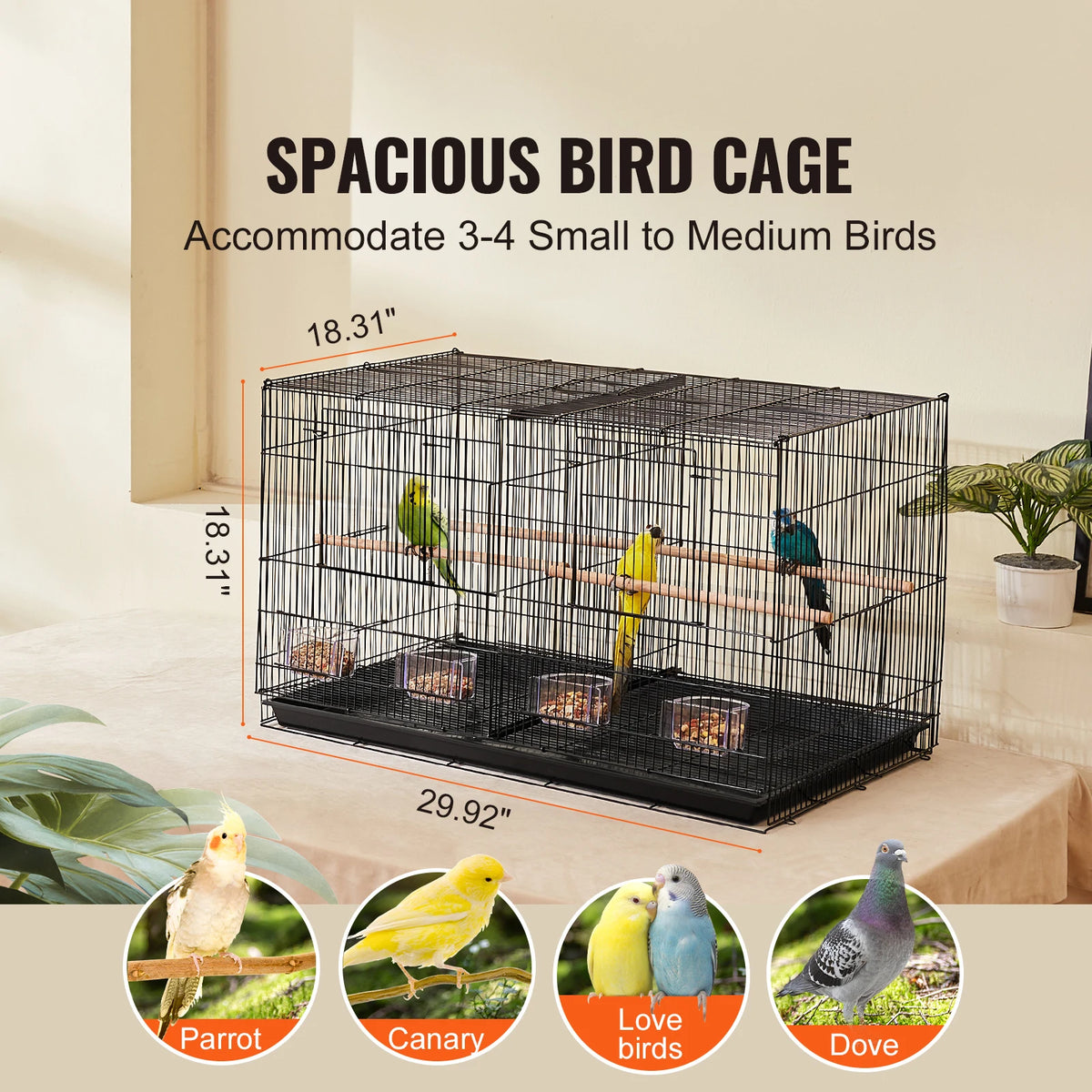 Divided Small Bird Cage with Perches, Feeding Doors, and Sliding Tray