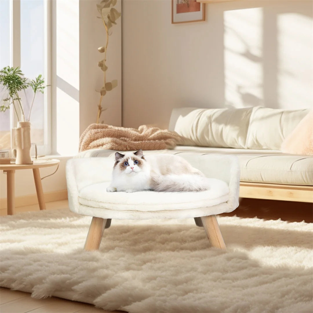 Plush Cat Bed Nesting Chair with Washable water-ready Cushion and Wood Legs