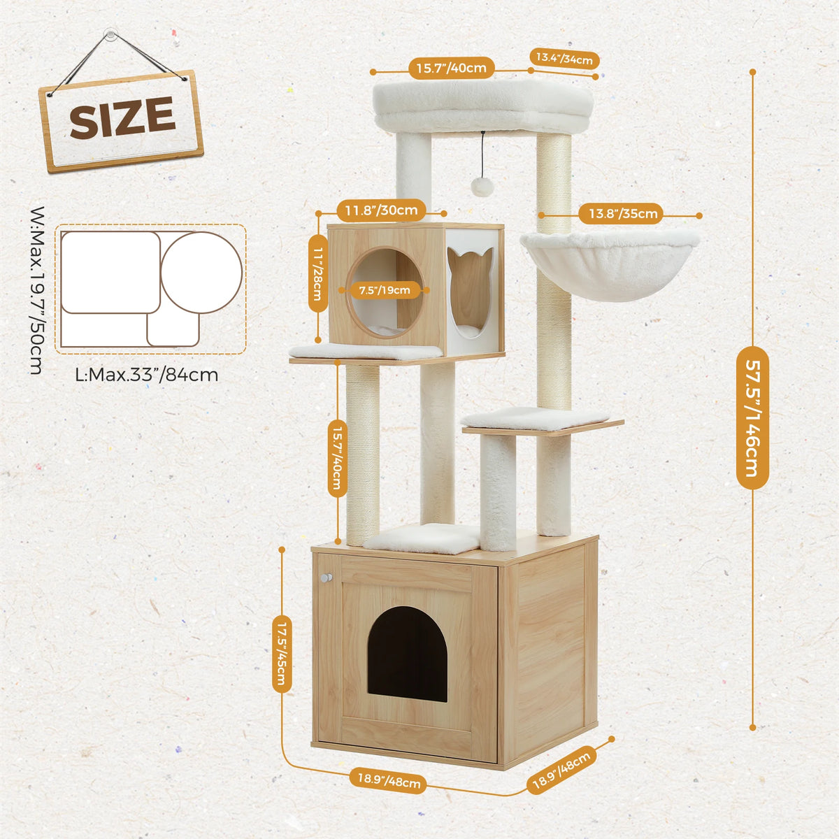 Multi-Level Indoor Cat Tower with Litter Box Cabinet and Hammock