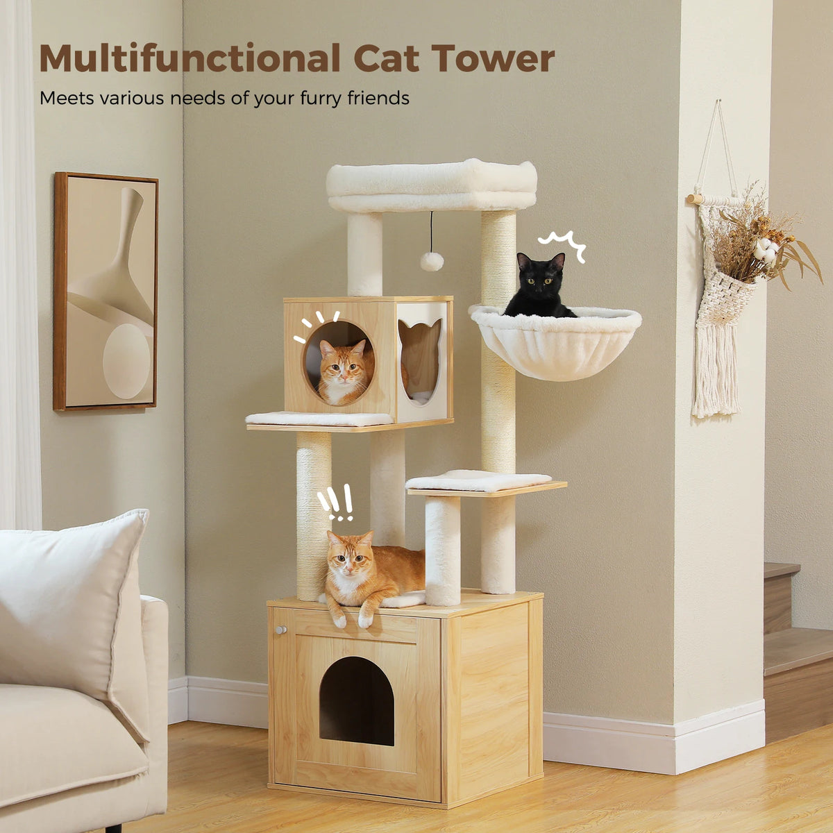 Multi-Level Indoor Cat Tower with Litter Box Cabinet and Hammock