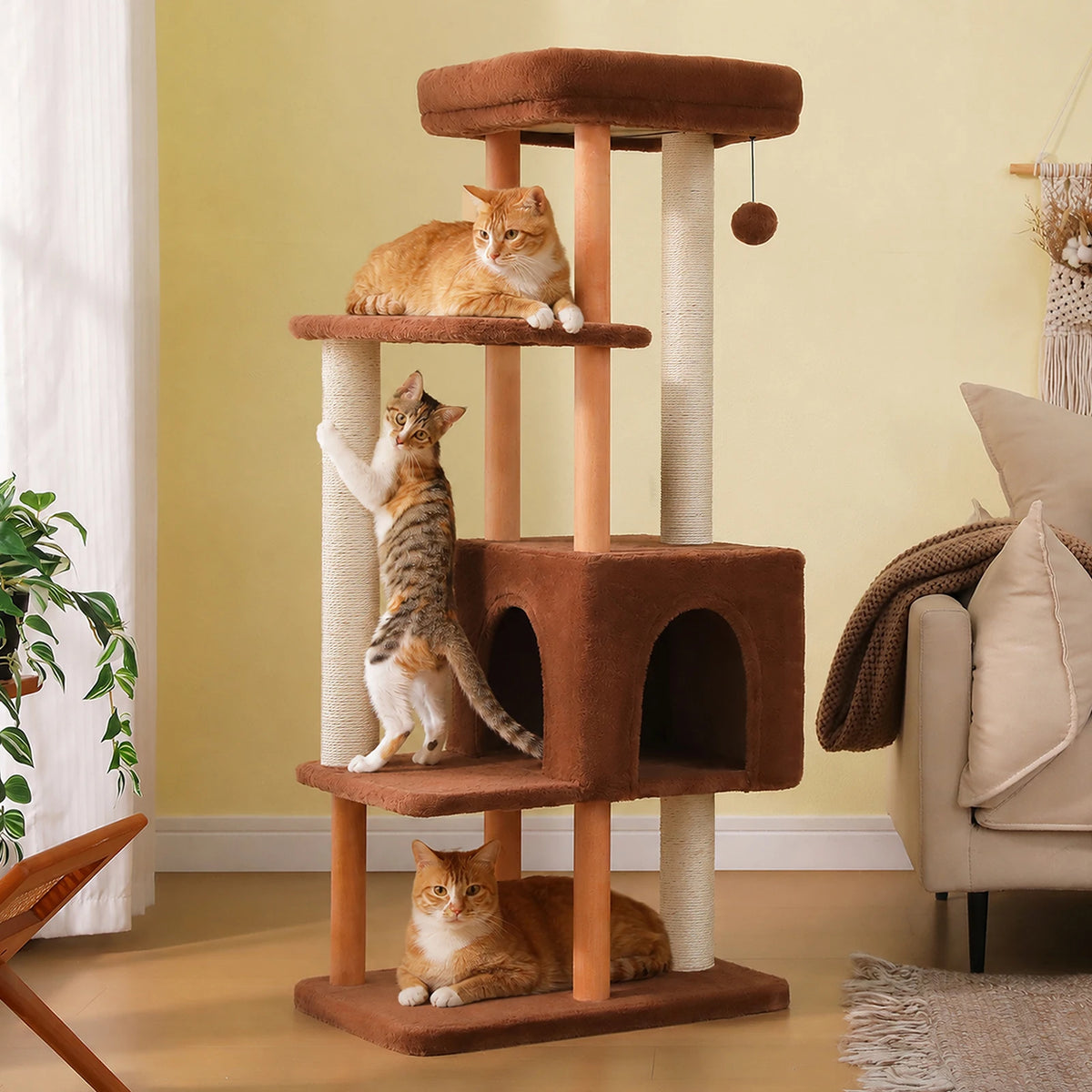 Multi-Level Wooden Cat Tower with Large Condo and Sisal Posts