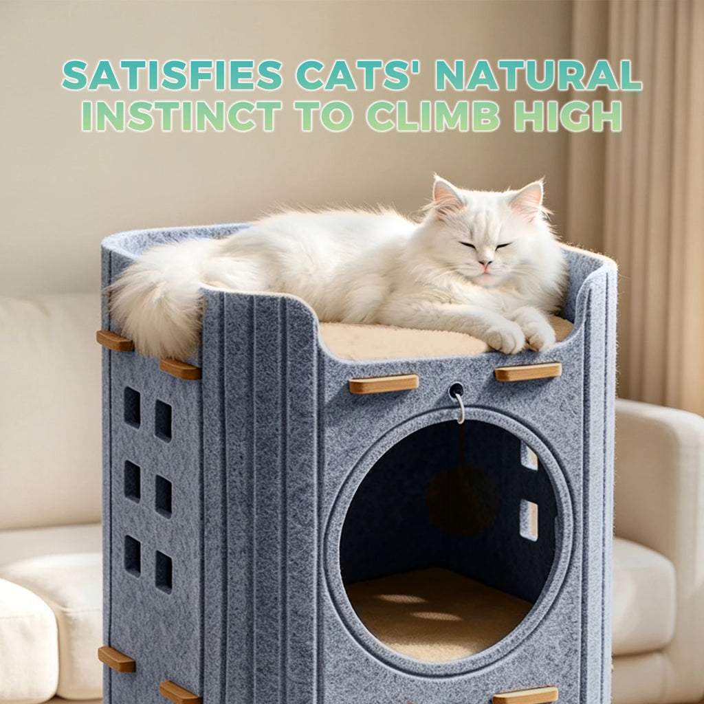 Two-Tier Detachable Cat Condo with Double Cave and Hanging Toy