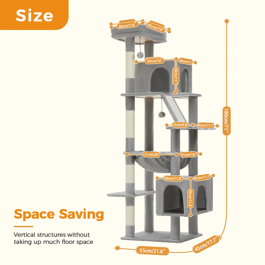 Tall Multi-Level Cat Tree with Condos, Hammock, and Scratching Posts for Large Cats