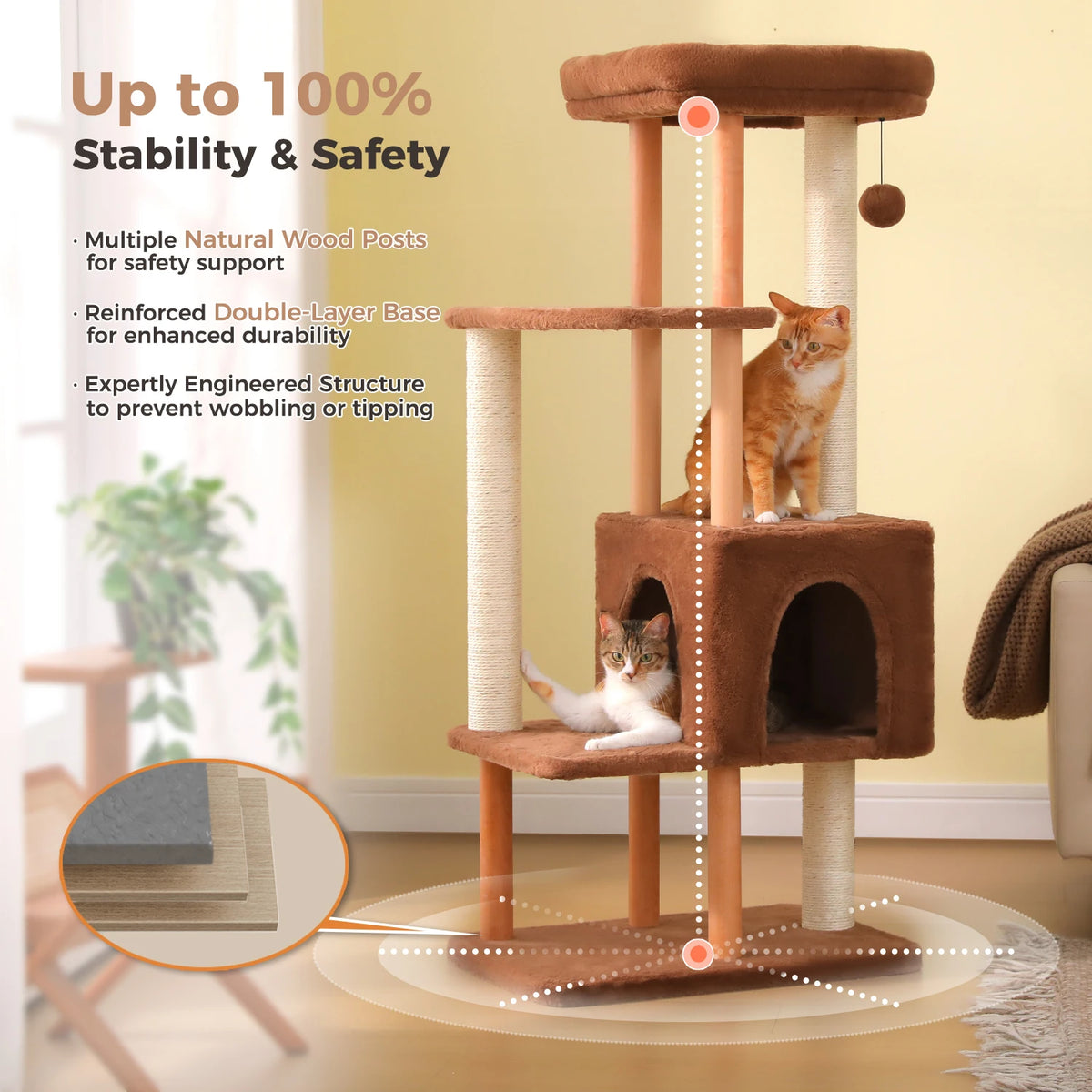 Multi-Level Wooden Cat Tower with Large Condo and Sisal Posts