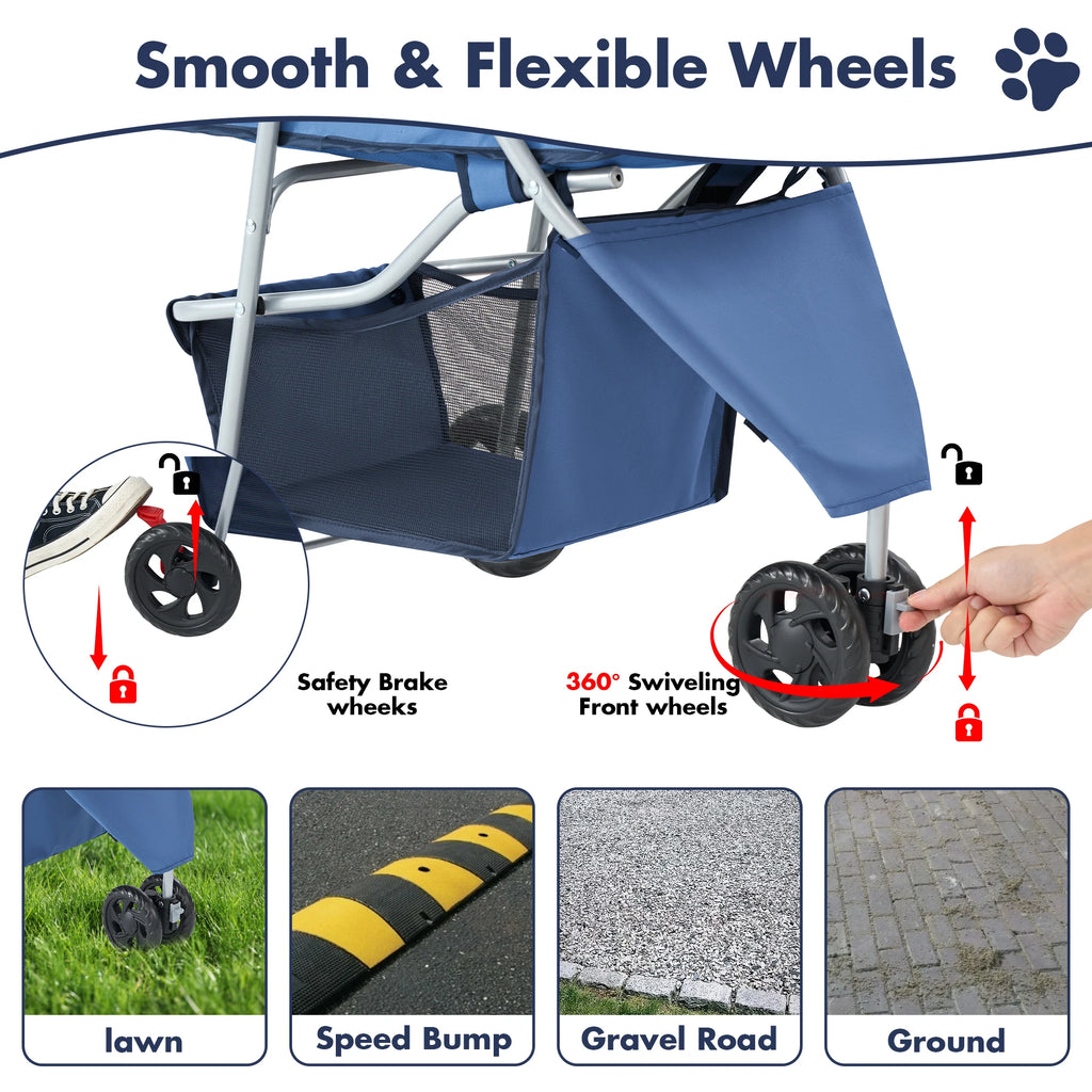 Foldable 3-Wheel Pet Stroller with Mesh Cabin, Basket, and Cup Holders