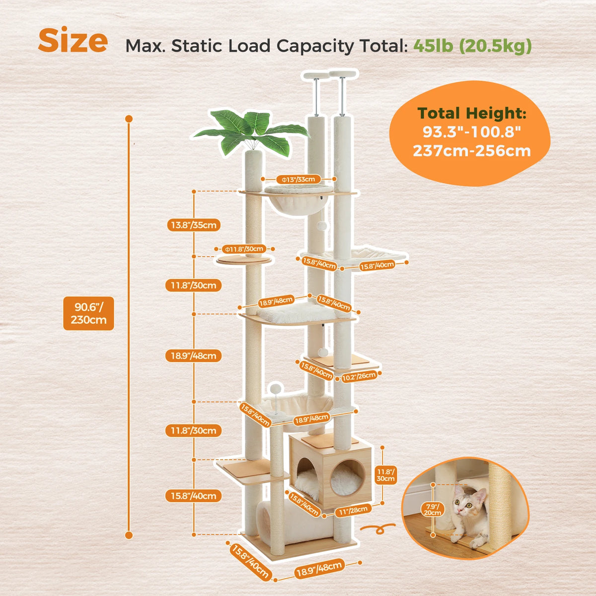 Floor-to-Ceiling Cat Tower with a Hammock, Condo, and Climbing Levels