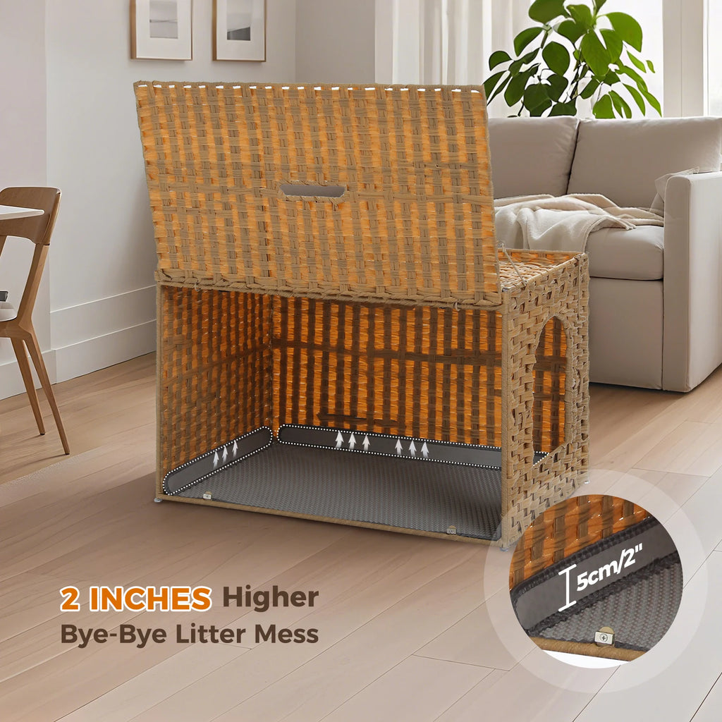 Handwoven Cat Litter Box Cabinet with Taller Doorway and Flip-Up Lid