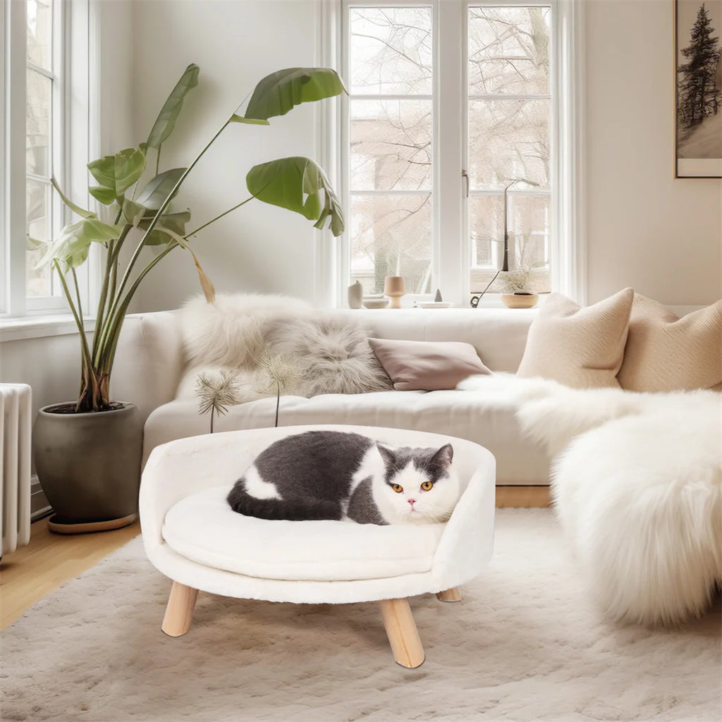 Plush Cat Bed Nesting Chair with Washable water-ready Cushion and Wood Legs
