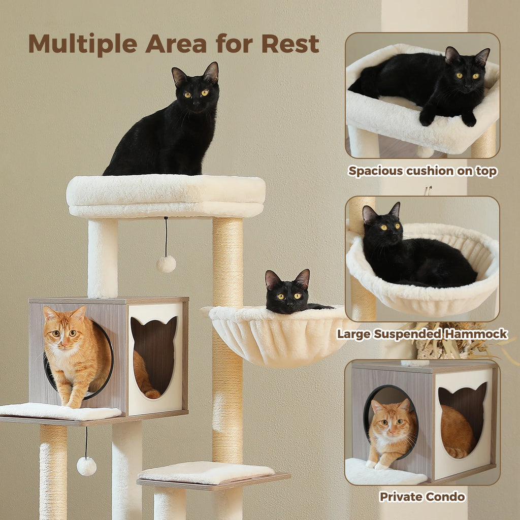 Multi-Level Indoor Cat Tower with Litter Box Cabinet and Hammock