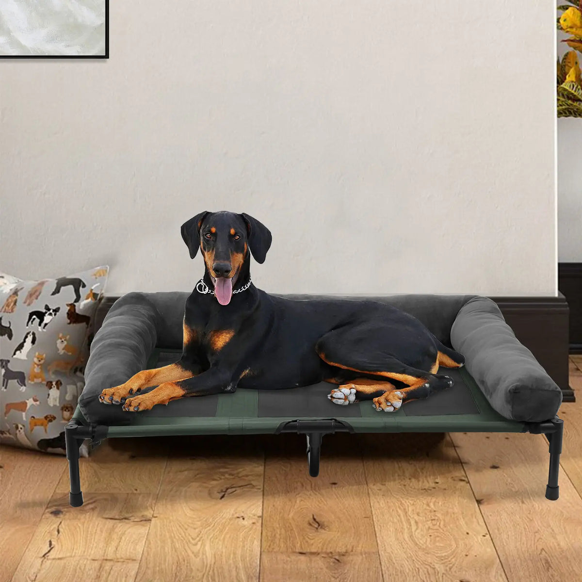 Elevated Pet Lounger with Two Covers and Detachable Bolster