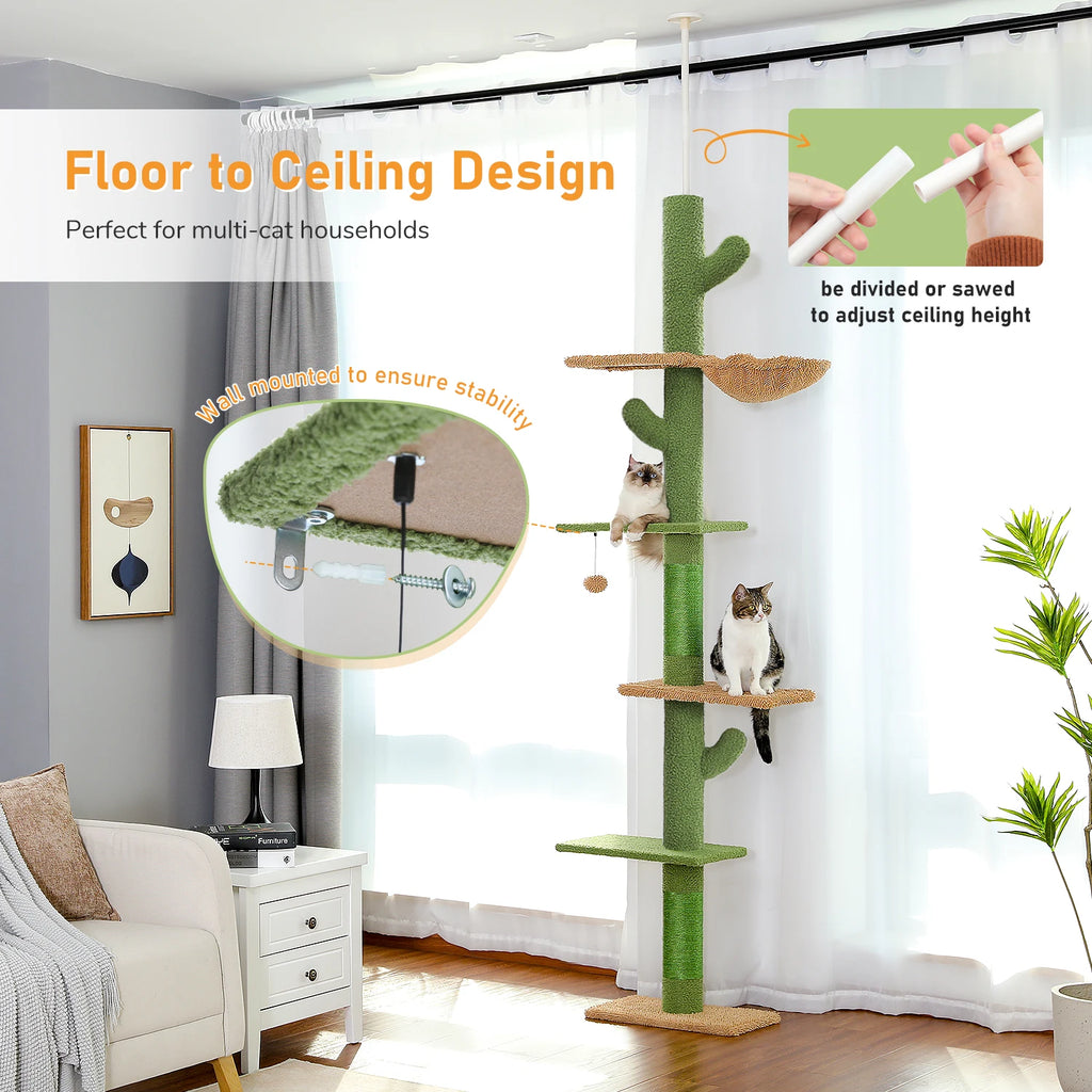 Adjustable Floor-to-Ceiling Cat Tower with Scratching Post and Dangling Ball