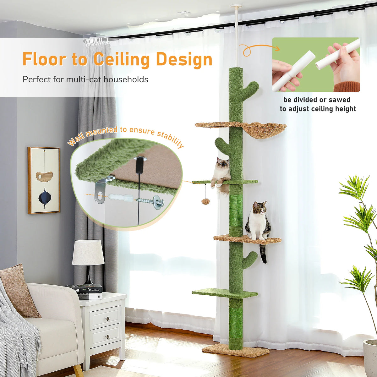 Adjustable Floor-to-Ceiling Cat Tower with Scratching Post and Dangling Ball