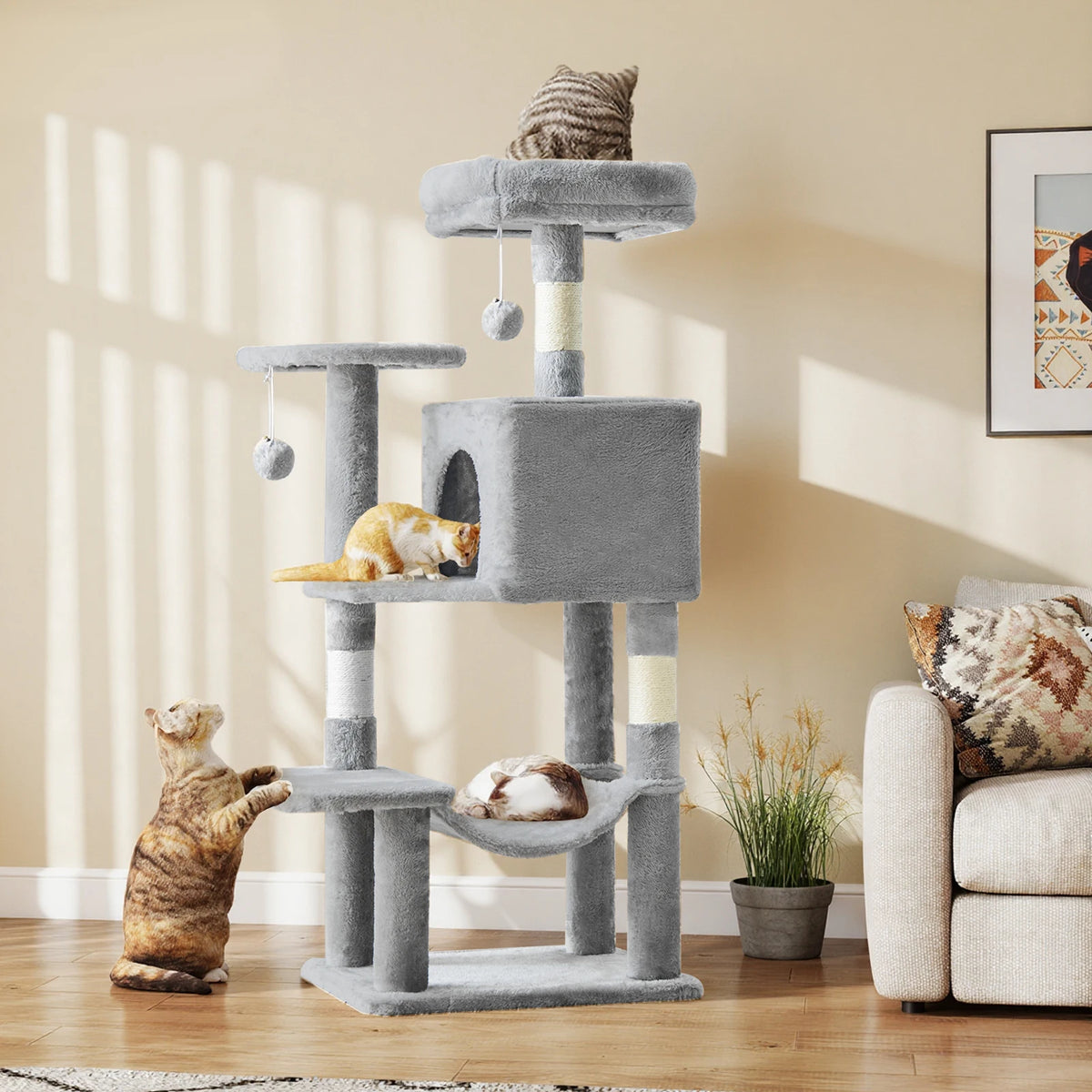 Tall Multi-Cat Climbing Tower with Condo, Hammock, and Scratching Posts