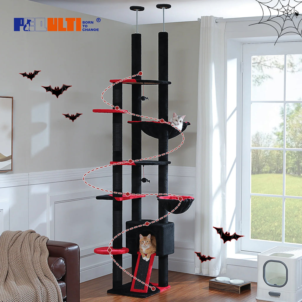 Adjustable Floor-to-Ceiling Cat Climbing Tower with Cactus Condo