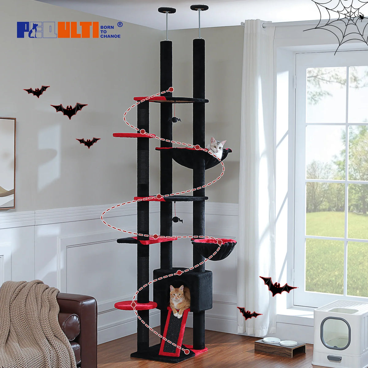 Adjustable Floor-to-Ceiling Cat Climbing Tower with Cactus Condo