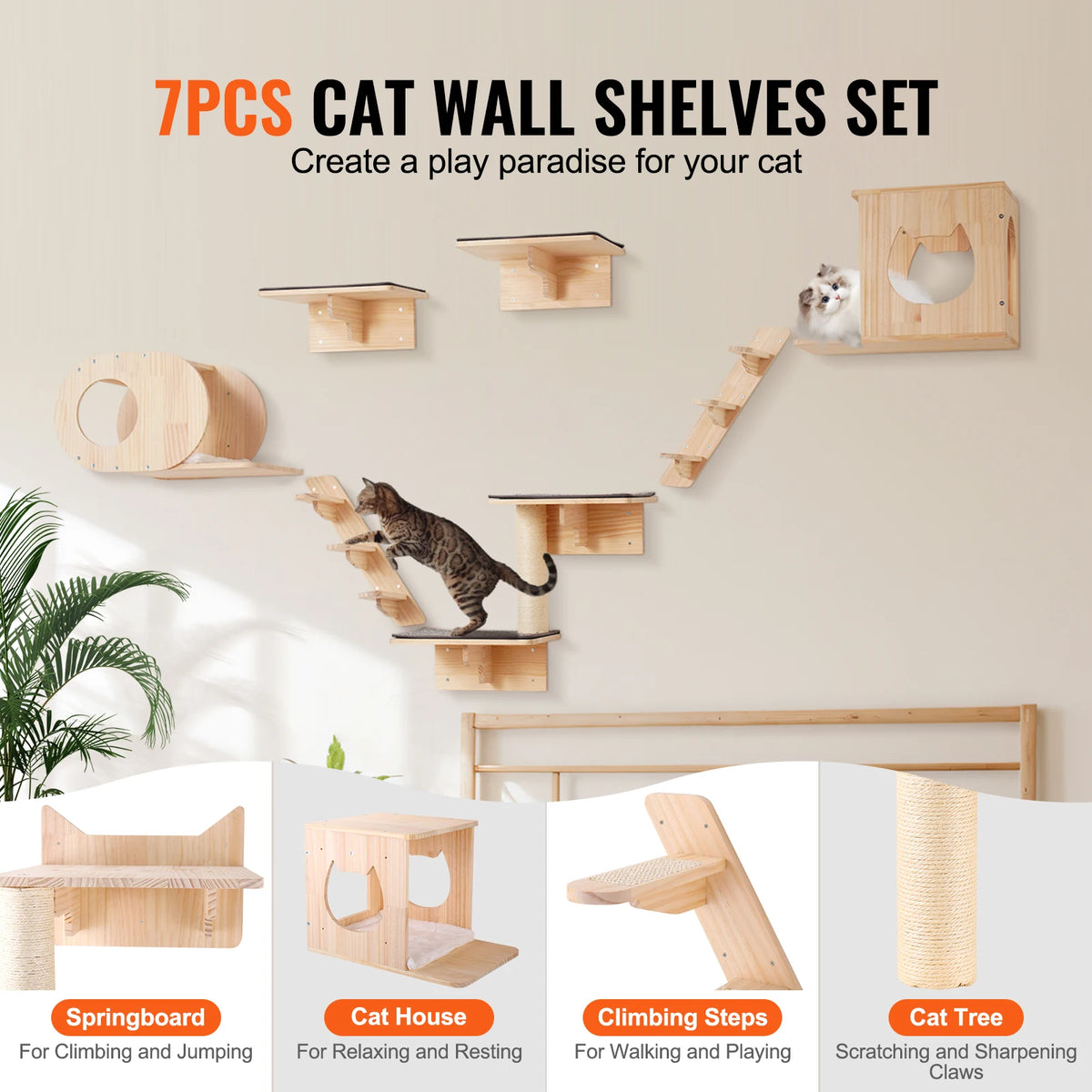 Wall-Mounted Cat Shelves with Jumping Boards and Hammocks