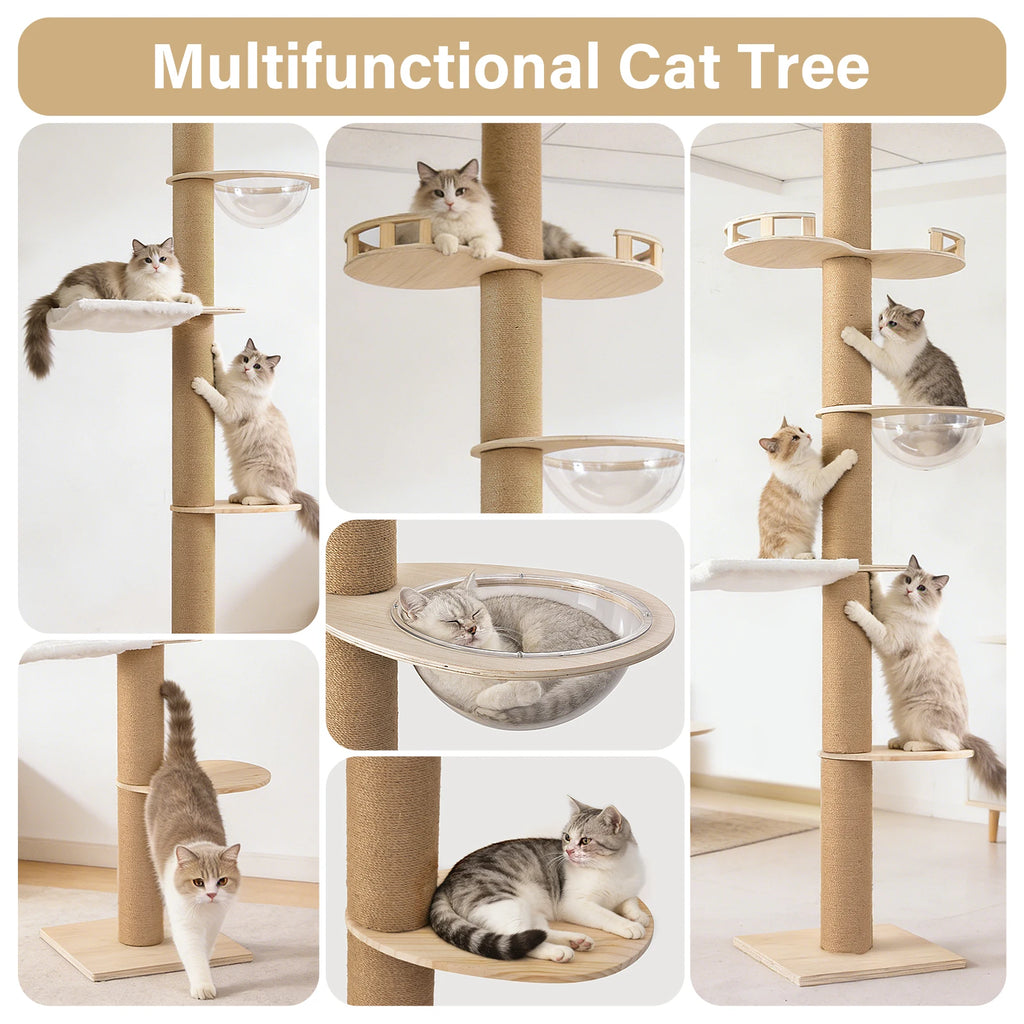 Adjustable Floor-to-Ceiling Cat Tree with Four Levels and Hammock