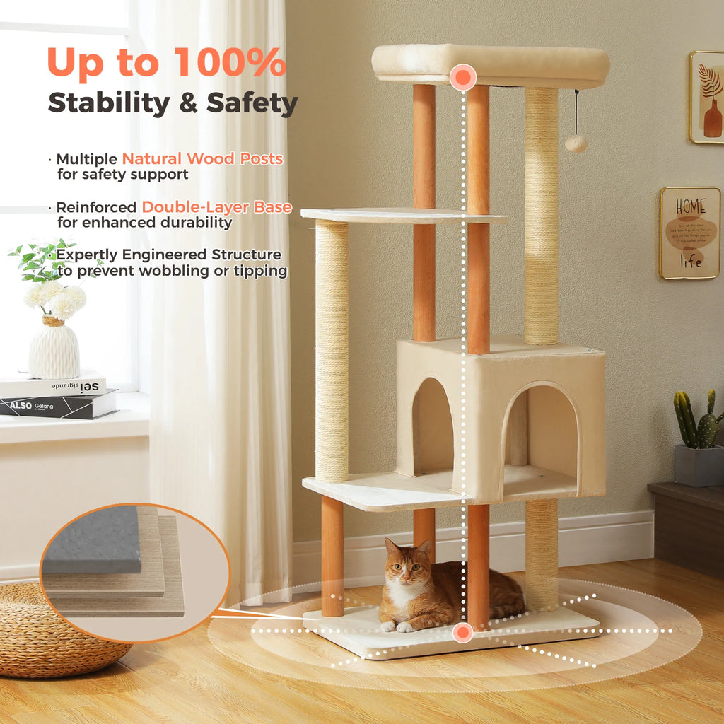 Multi-Level Wooden Cat Tower with Large Condo and Sisal Posts