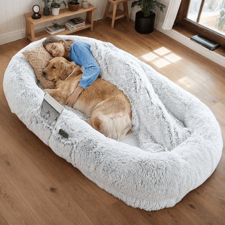 Human-Specific Dog Bed with Washable Faux Fur & Anti-Slip Base