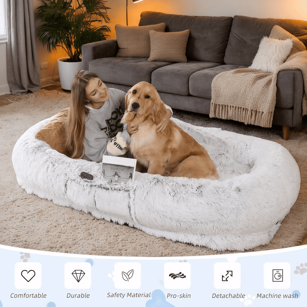 Human-Specific Dog Bed with Washable Faux Fur & Anti-Slip Base