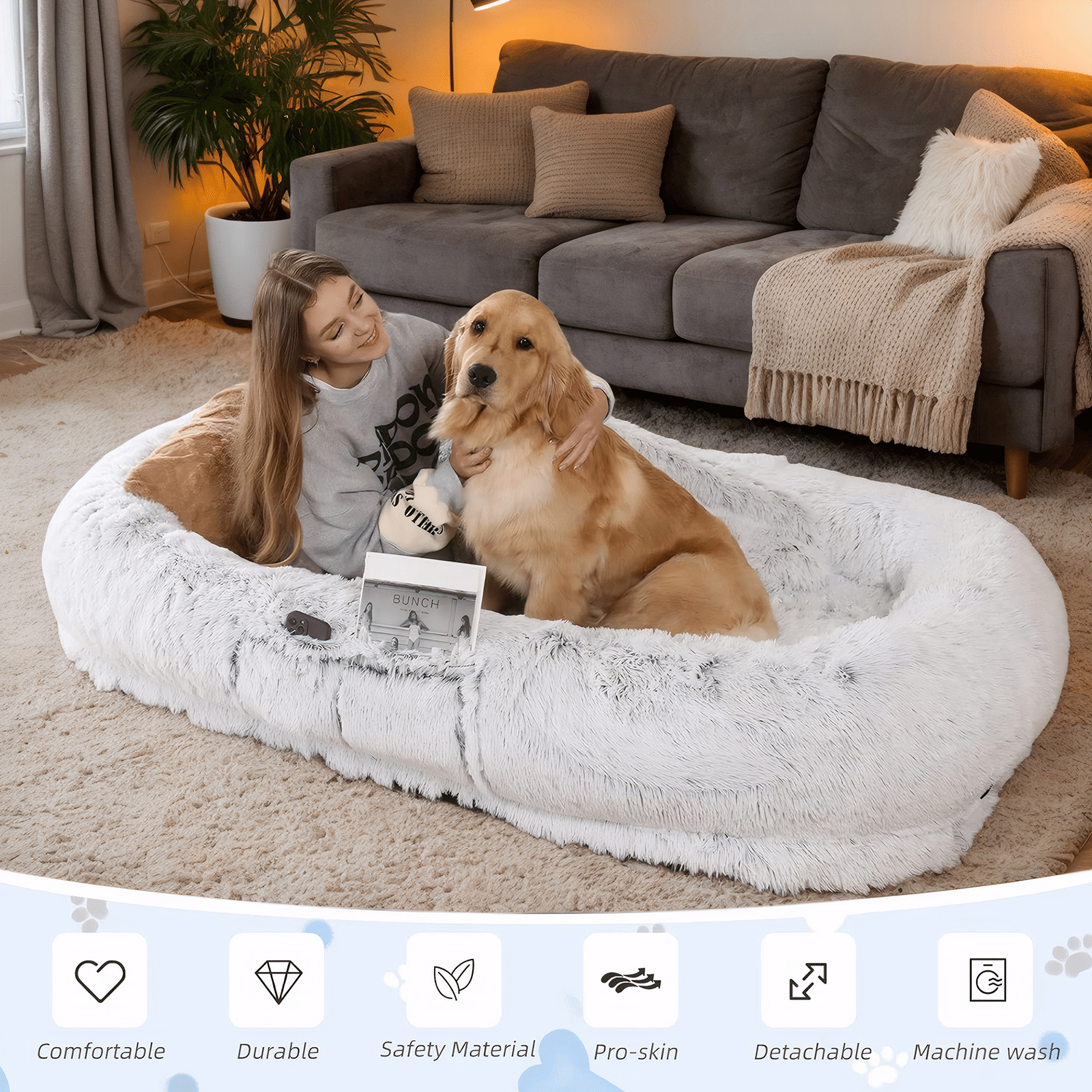 Human-Specific Dog Bed with Washable Faux Fur & Anti-Slip Base