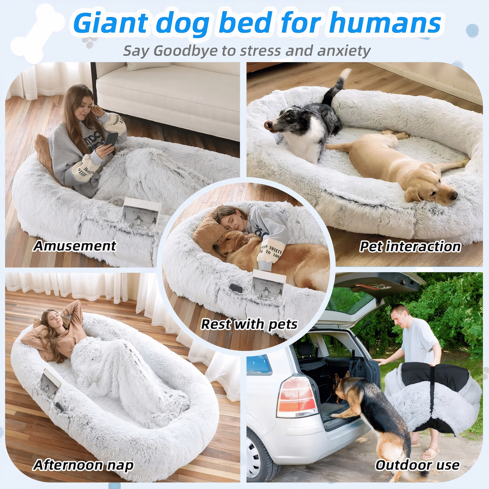 Human-Specific Dog Bed with Washable Faux Fur & Anti-Slip Base