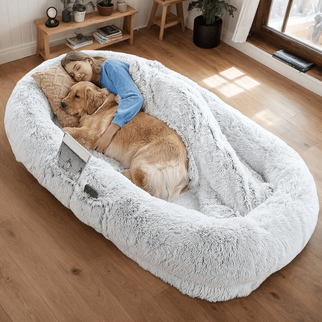 Human-Specific Dog Bed with Washable Faux Fur & Anti-Slip Base