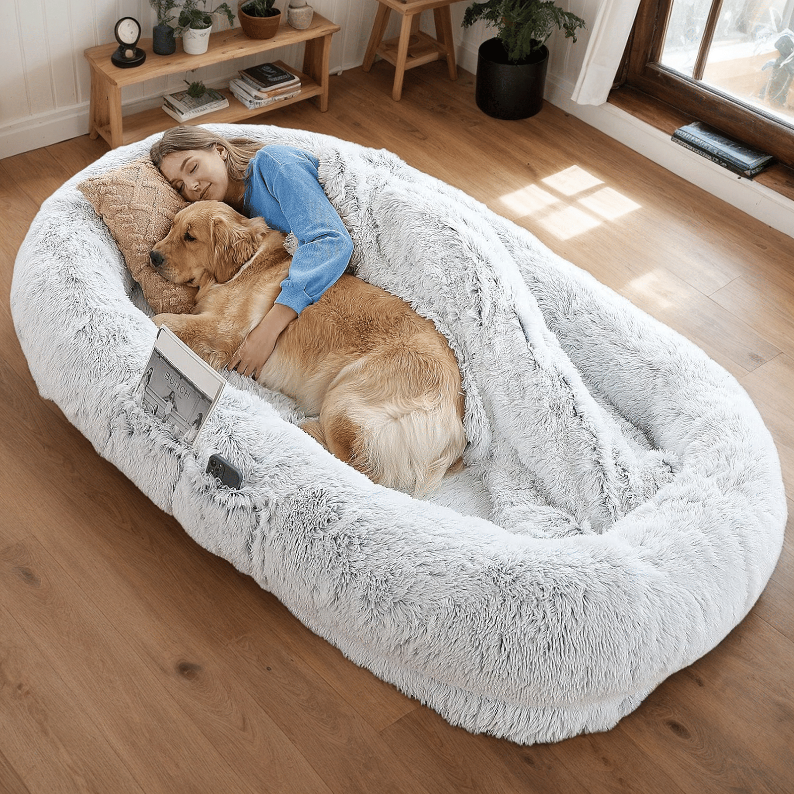 Human-Specific Dog Bed with Washable Faux Fur & Anti-Slip Base
