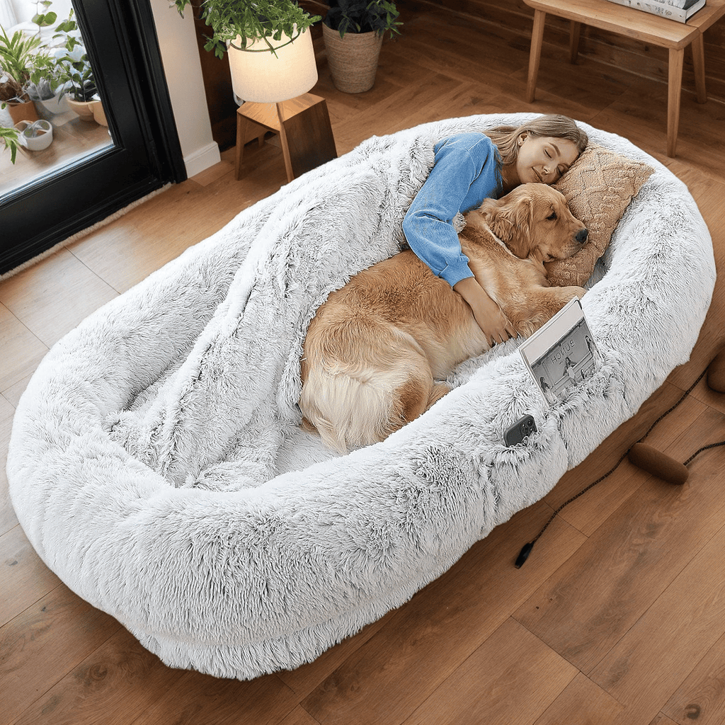 Human-Specific Dog Bed with Washable Faux Fur & Anti-Slip Base