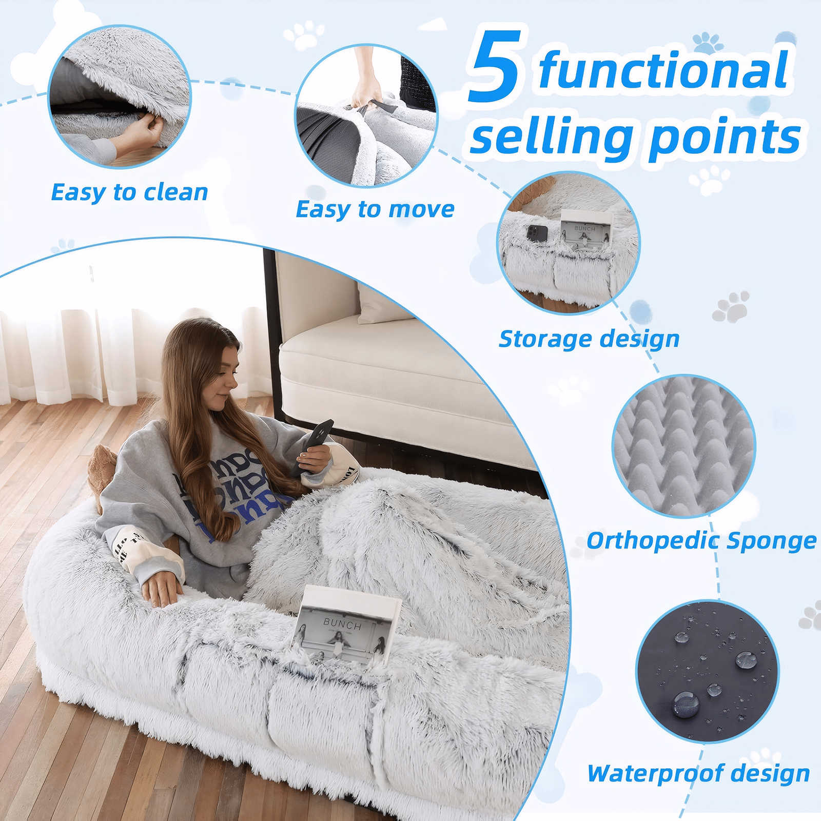 Human-Specific Dog Bed with Washable Faux Fur & Anti-Slip Base