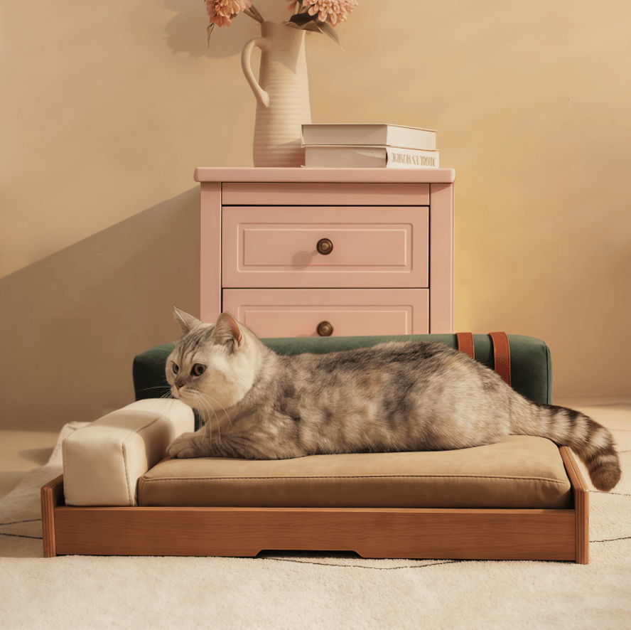 Modern furniture-style Pet Bed with Oak Veneer and Removable Cushion for Medium to Large Dogs