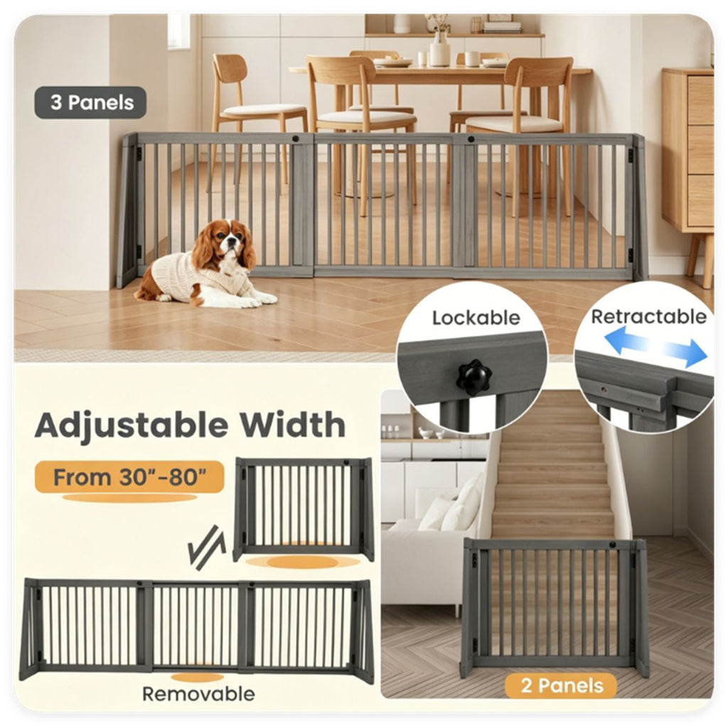 Adjustable Expandable Wooden Pet Gate 22 Inch Tall Freestanding Safety Fence, Gray Pine Wood Slide Dog Gate Easy Assembly for Home & Office Entryways