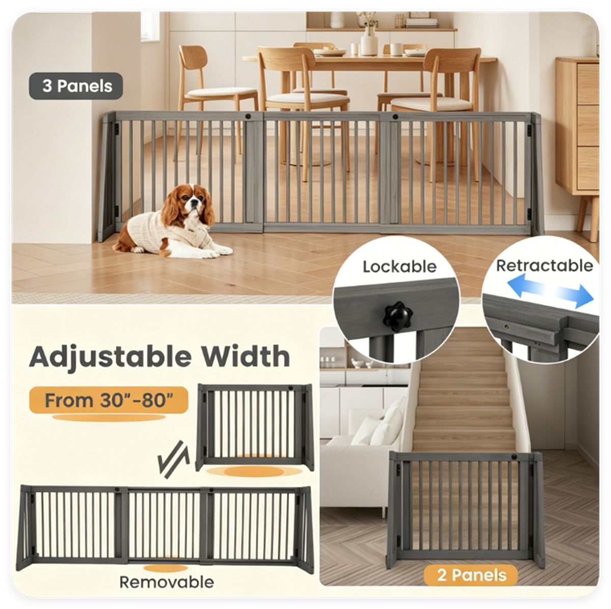 Adjustable Expandable Wooden Pet Gate 22 Inch Tall Freestanding Safety Fence, Gray Pine Wood Slide Dog Gate Easy Assembly for Home & Office Entryways