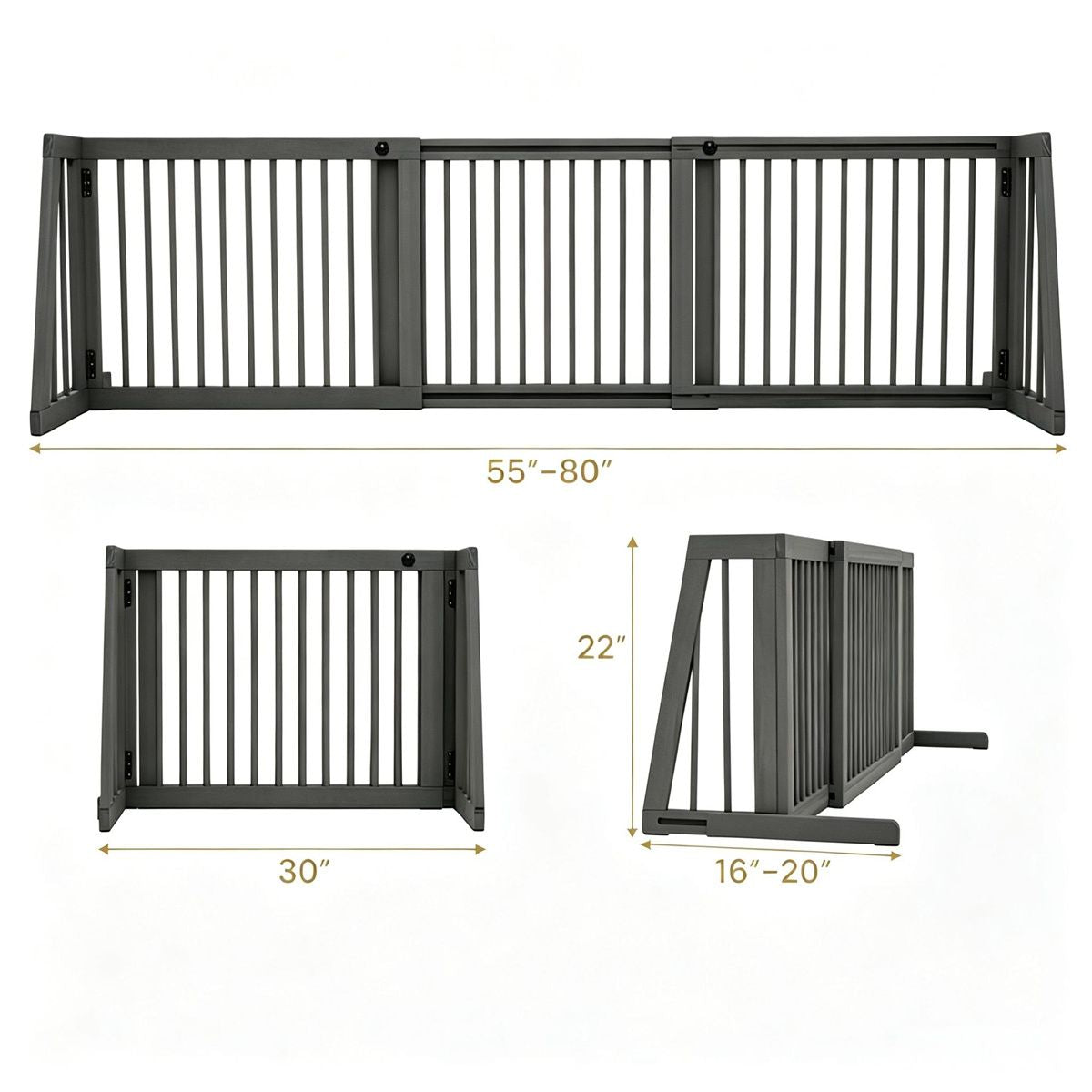 Adjustable Expandable Wooden Pet Gate 22 Inch Tall Freestanding Safety Fence, Gray Pine Wood Slide Dog Gate Easy Assembly for Home & Office Entryways