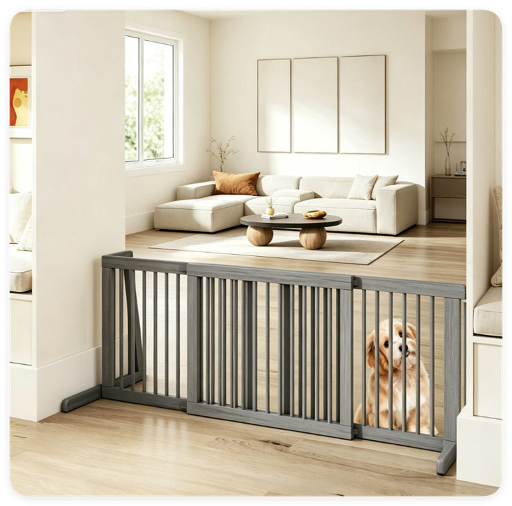 Adjustable Expandable Wooden Pet Gate 22 Inch Tall Freestanding Safety Fence, Gray Pine Wood Slide Dog Gate Easy Assembly for Home & Office Entryways