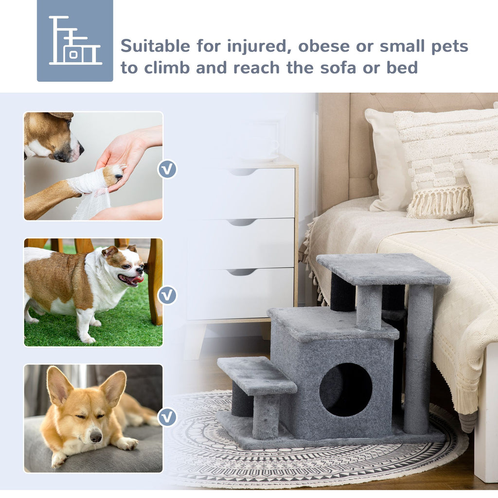 Adjustable Height 3 Step/4 Step Cat Stairs with Cat Scratching Post, Cat Condo, Toy Ball, for Bed, Sofa, Couch, Gray