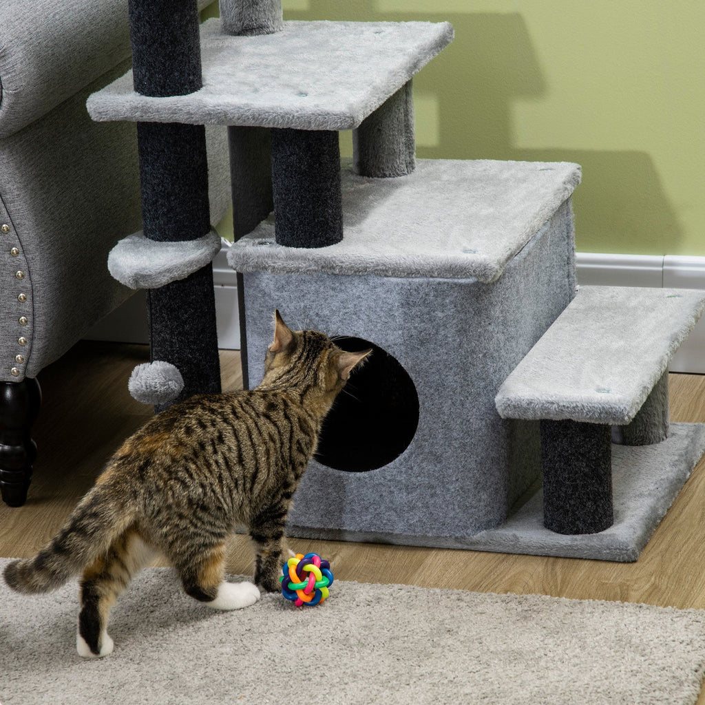 Adjustable Height 3 Step/4 Step Cat Stairs with Cat Scratching Post, Cat Condo, Toy Ball, for Bed, Sofa, Couch, Gray