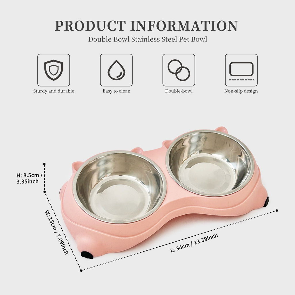 Double Stainless Steel Pet Bowl with Non-Slip Base – Pink