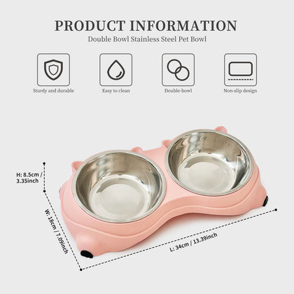 Double Stainless Steel Pet Bowl with Non-Slip Base – Pink