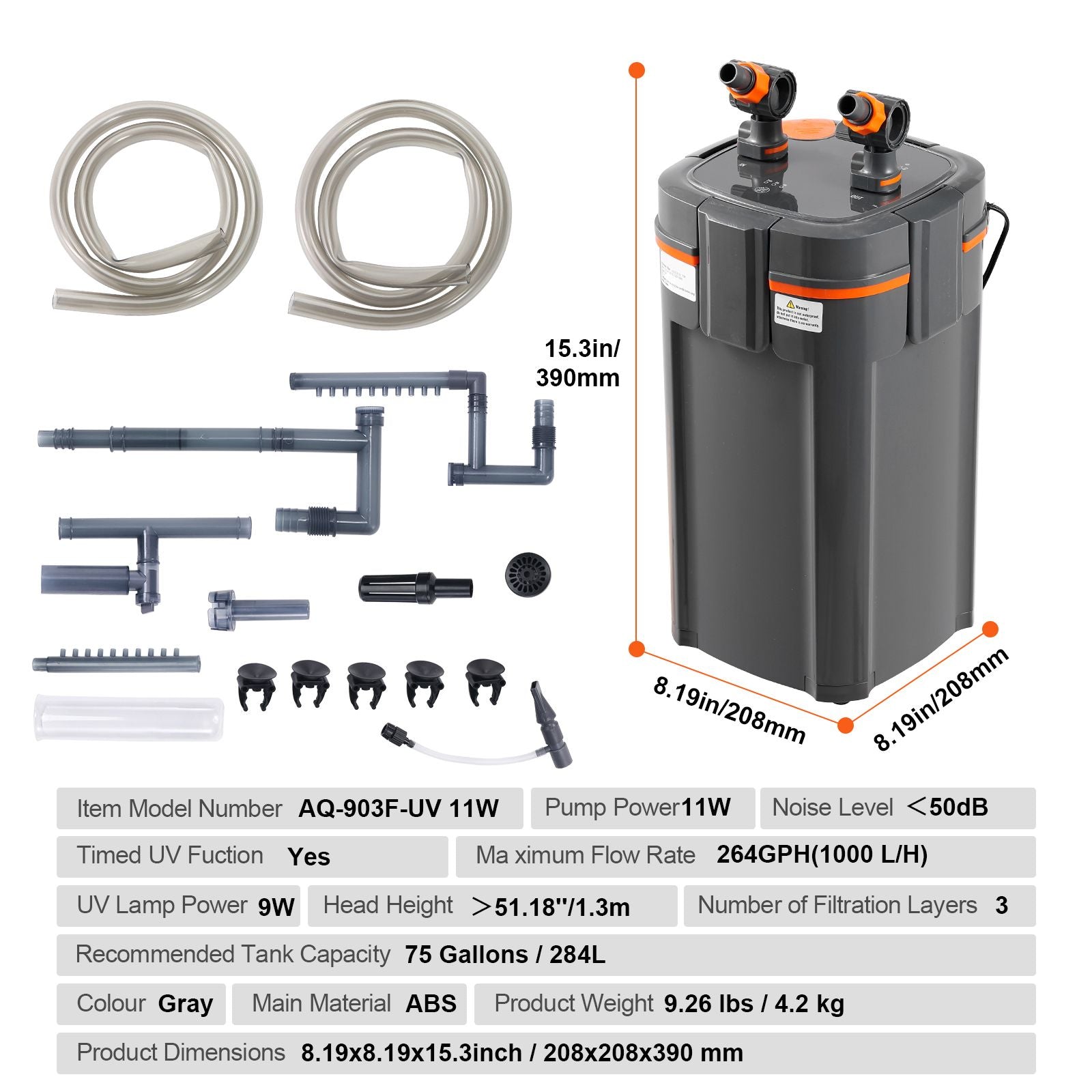 Quiet 3-Stage Canister Filter with Timed UV for Fish and Turtle Tanks