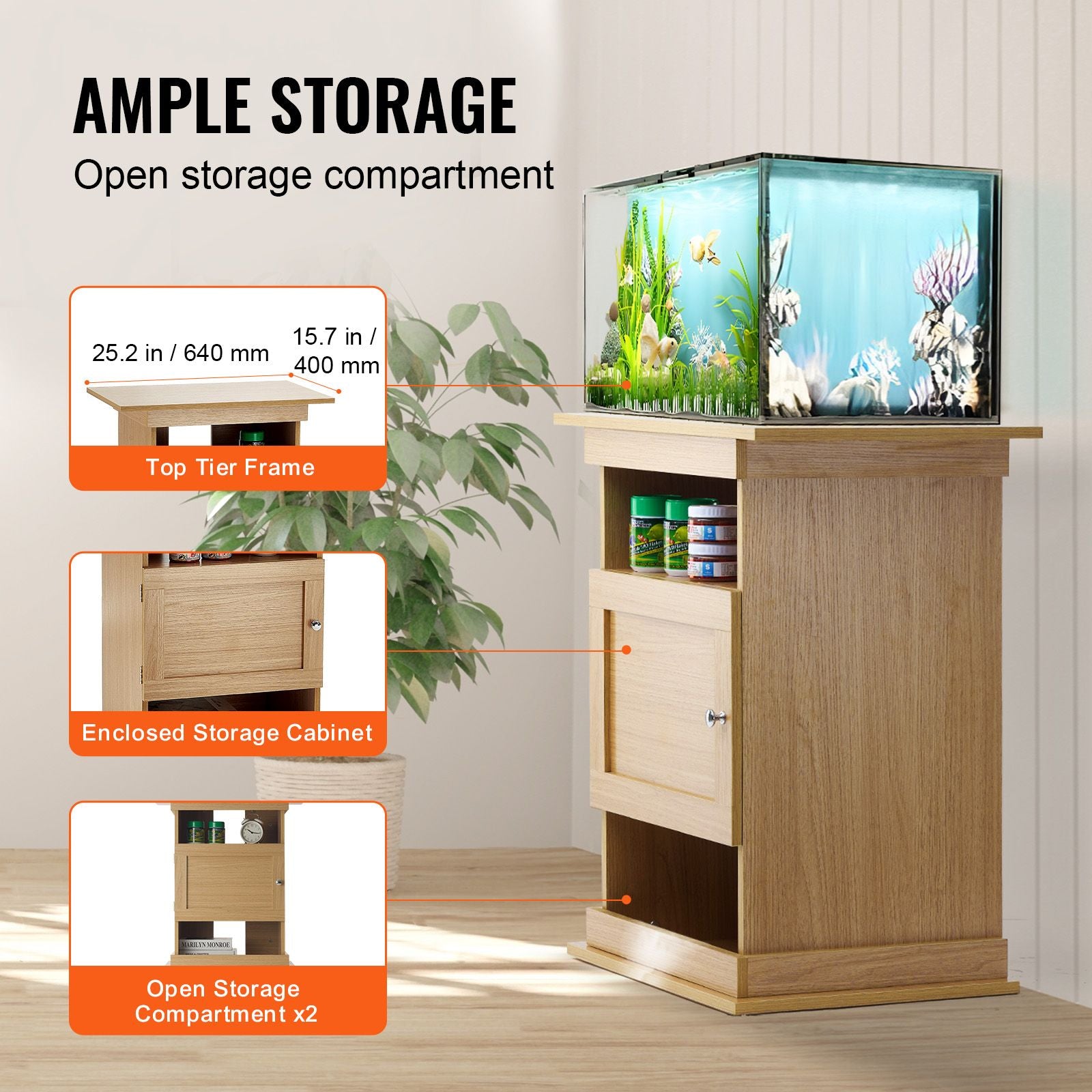 Aquarium Stand with Enclosed Cabinet and Open Shelves