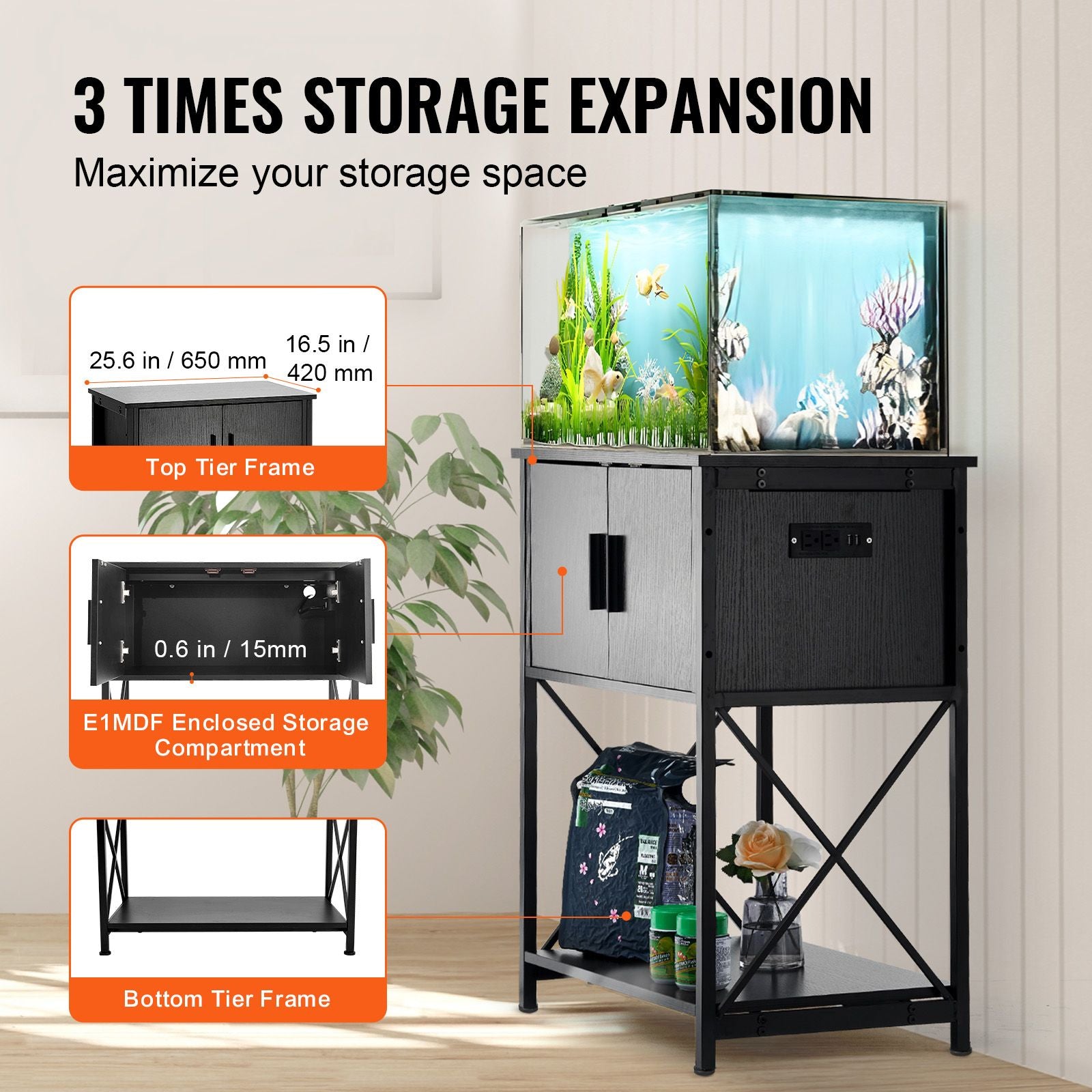 Stylish 20-Gallon Aquarium Stand with Built-In Power Strip